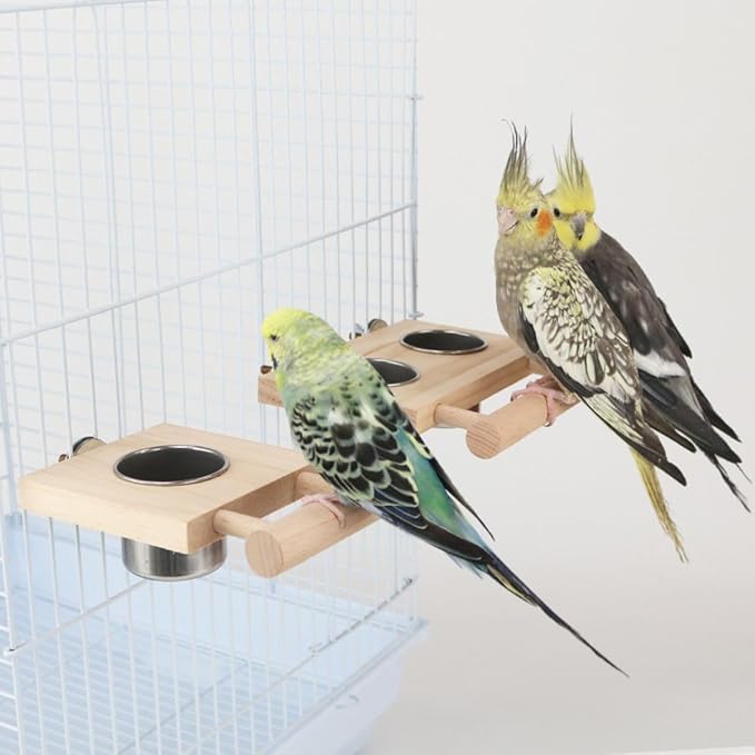 Bird Food Stainless Steel Cups Wooden Perch Stand Hanging Feeder Bowls Feeding and Watering Supplies for Parakeets Conures Cockatiels Budgie Parrot (S)