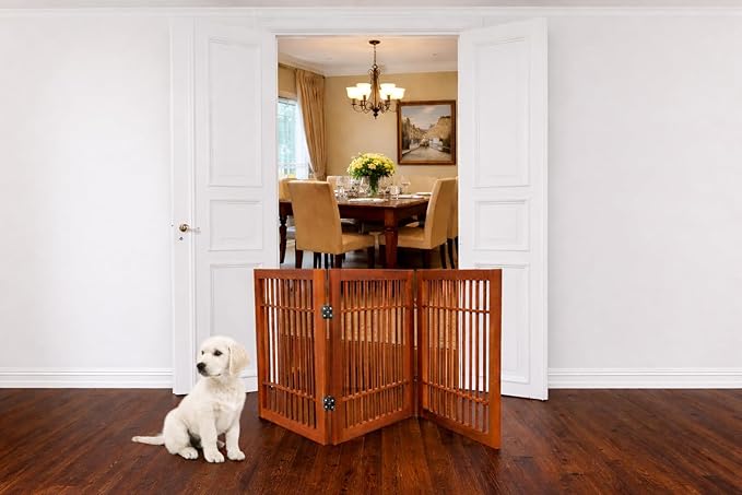 Urnporium Freestanding Wooden Dog Gate Foldable Indoor Pet Gate No Drill Expandable Barrier for Doorways Stairs Hallways Portable Wood Fence for Small Dogs & Puppies (Brown Pet Gate, 3 Panel 24" Tall)