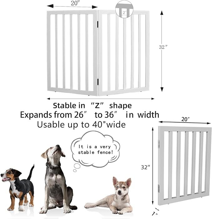 ZJSF Freestanding Indoor Dog Gate for House Foldable Wood White Puppy Gate for Doorways Pet Gate for Stairs Extra Wide Pet Fence 32" Height 2 Panels