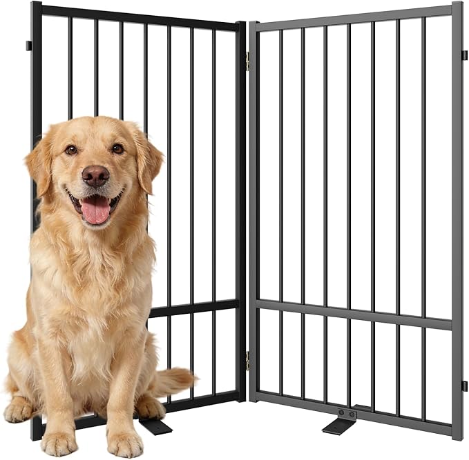 Full Metal Freestanding Dog Gate with Door, 36''Height Foldable Pet Dog Fence for Indoor & Outdoor, 2 Panels Extra Wide Free Standing TallDog Gates for Doorways,House,Stairs,Porch,Deck,Yard
