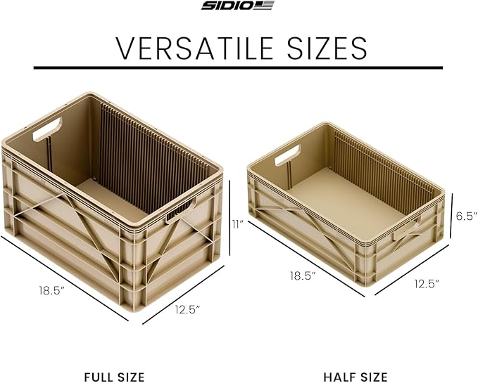 SIDIO Crate Basic Pack - 2 Full-Size & 1 Half-Size Heavy Duty Stackable Storage Bins, Totes and Containers with Dividers - Durable Plastic Organizer for Home, Office, Garage, and Outdoor Use (Tan)