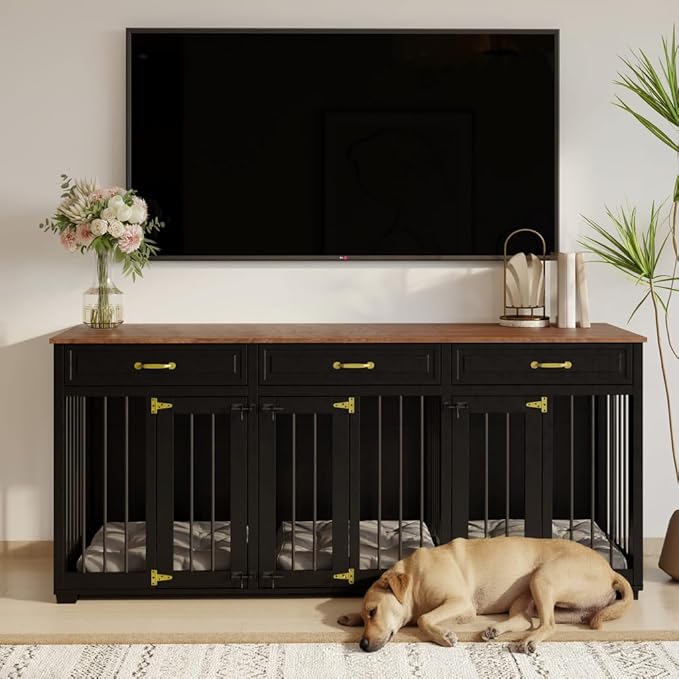 Dog Crate Furniture - Indoor Wooden Dog Kennel with 2 Dividers, 3 Drawers, and 3 Lockable Doors, 72"x23.6"x31.5"H, Black