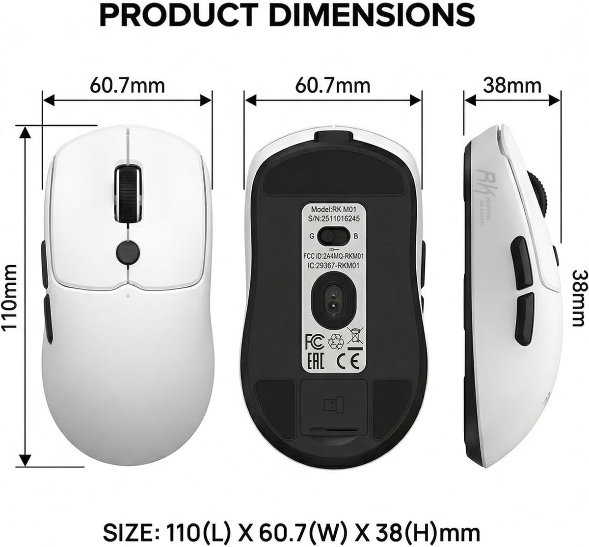 RK ROYAL KLUDGE MO1 Wireless Mouse, 55g Ultra-Lightweight Computer Mice, 6 Programmable Buttons, 2.4GHz/Bluetooth/Wired, 6000 DPI Optical Sensor, White