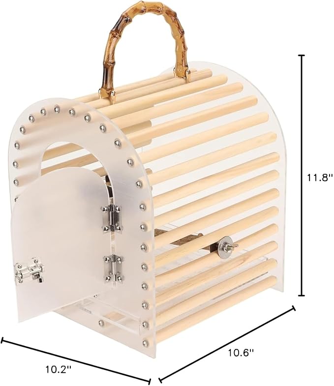Zerodis Portable Bird Cage, Small Transparent Travel Bird Carrier with Delicate Carrying Handle Grip Wooden Acrylic Stainless Steel Material Birdcage with Lock