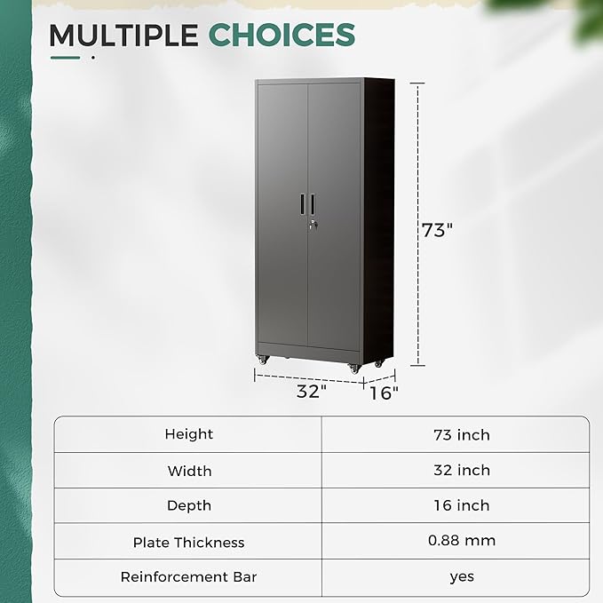 Greenvelly Metal Garage Storage Cabinet with Wheels, Black 73" Rolling Metal Cabinet with Locking Doors and Adjustable Shelves, Tool Organization with Wheels for Home,Kitchen,Office