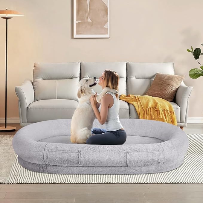 beeNbkks Human Dog Bed for Adult, Giant Extra Large Memory Foam Human Size Pet Bed for People, Fluffy Plush Dog Bed for Human with Storage Pocket Washable Cover Portable Handle Non-Slip Bottom
