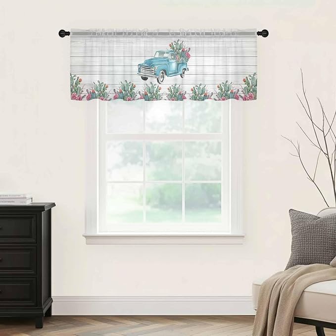Farmhouse Sheer Valance Curtains, Summer Blue Car
