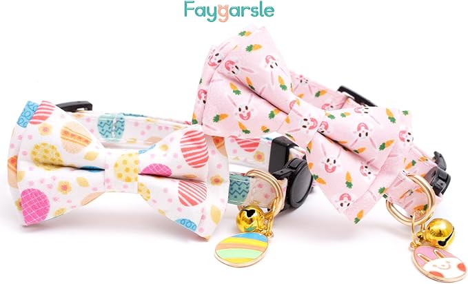 Faygarsle 2 Pack Easter Day Cat Collar Cute Rabbit Easter Eggs Printed Collar with Bow tie Breakaway Pink Beige Cat Collar for Boy Girl Cats