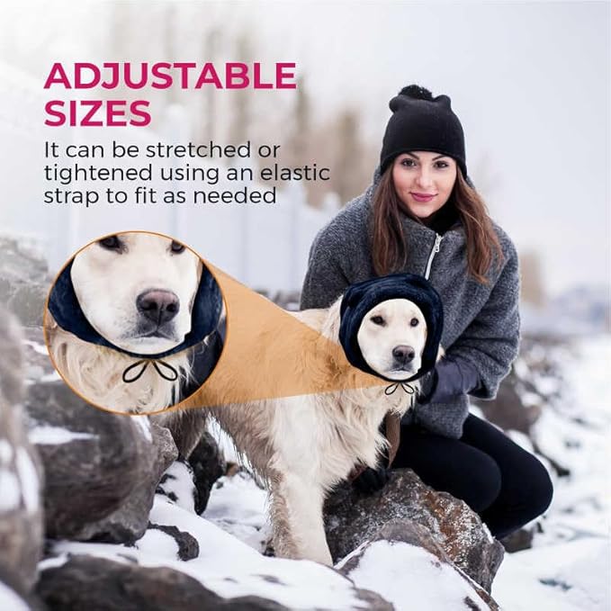 Dog Ear Muffs Noise Protection - Soft Calming Hood for Anxiety Relief, Fireworks, Thunder, Grooming & Vet Visits - Elastic Band & Comfortable Neck Warmer for Travel (Navy, Medium)