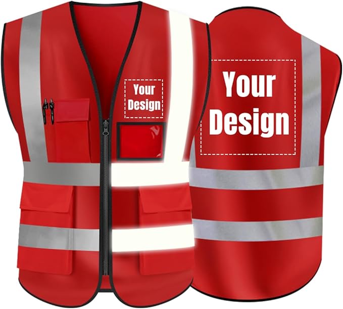 YOWESHOP High Visibility Safety Vest Custom Your Logo Protective Workwear 5 Pockets With Reflective Strips Outdoor Work Vest (Red (2XL))