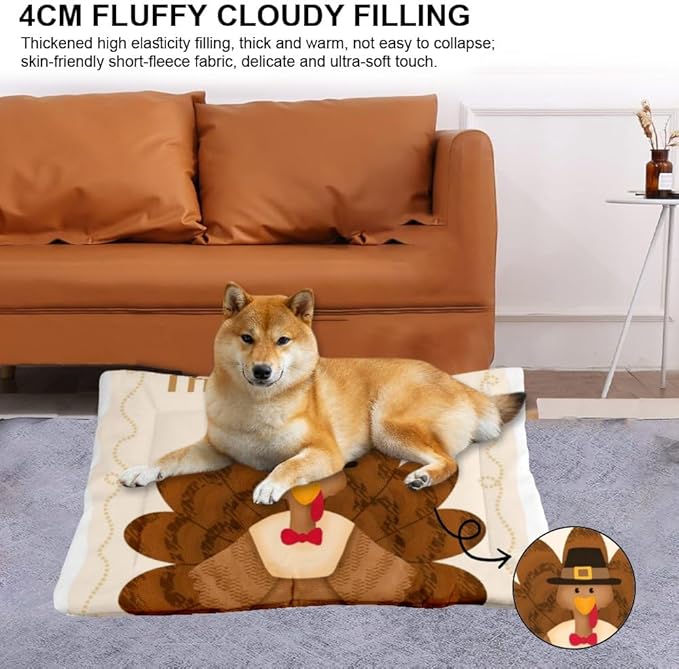 Happy Thanksgiving Turkey Pet Mat Bed Dog Crate Bed Waterproof Outdoor Dog Flat Mat Rectangle Non- Slip Bottom Gifts Multi- Scenario Dogs Gift Printed Dogs Beds 24× 18 Inch