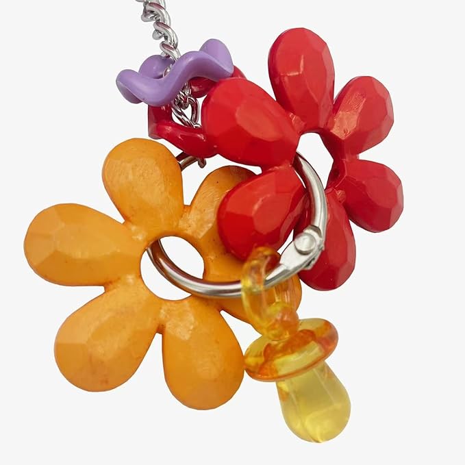 Pullable Bird Plastic Ball Toys with Acrylic Pacifiers and Flowers, Colorful Parrot Toys for Medium and Large Parrot Quaker Monk Parakeet Sun Conures (Pink)