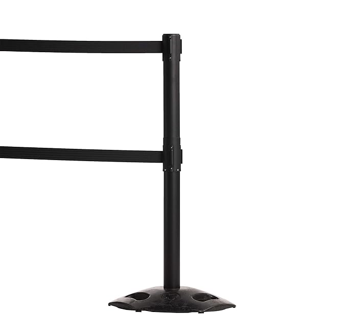 CCW Series WBB-200D - Set of 2 Retractable Dual Belt Barrier Stanchion, Heavy Duty Rubber Base, Black Post (9 Foot Belt, Blue and White Diagonal Belt)