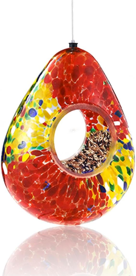 VOREEN Glass Bird Feeder, Fly Through Bird Feeders for Outdoor Hanging, Handmade Glass Wild Bird Feeder, for Garden, Yard, Backyard, Deck and Porch Decor, Gift for Mom Wife Friend, Red Teardrop