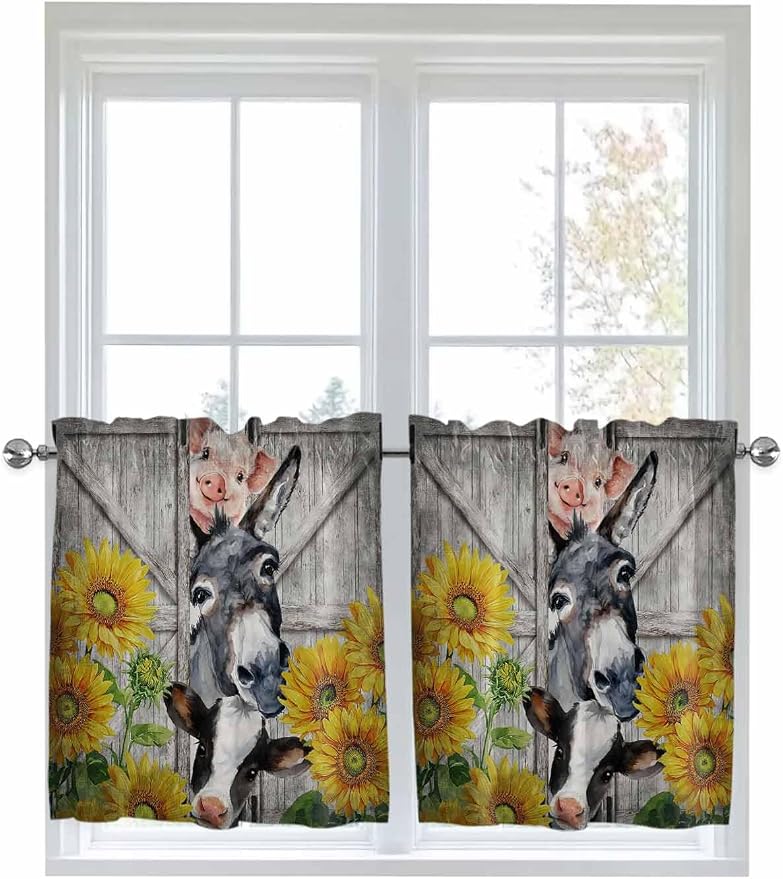 Farmhouse Half Window Curtain 36 Inches Long, Vintage Sunflowers Animals