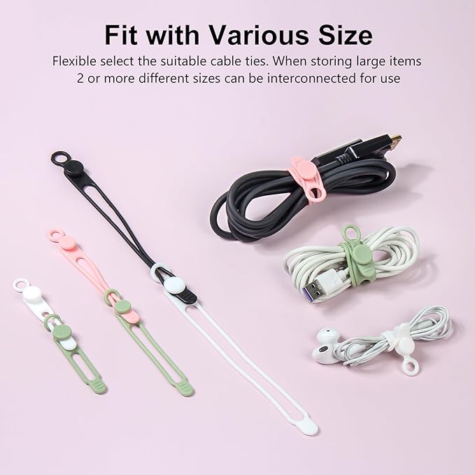 OneLeaf 30Pcs Cord Organizer, Silicone Cable Ties Reusable, Cord Ties for Electronics, Multipurpose Elastic Wire Ties, Travel Essentials for Cable Organizer, Wire Organizers for Fastening Cords