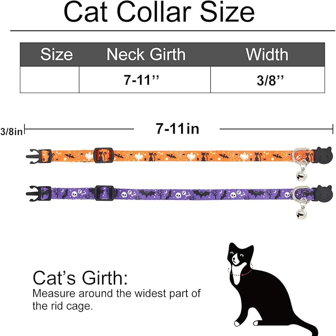 Halloween Cat Collar, 2 Pack, Breakaway Cute Cat Collar with Bells, Halloween Purple