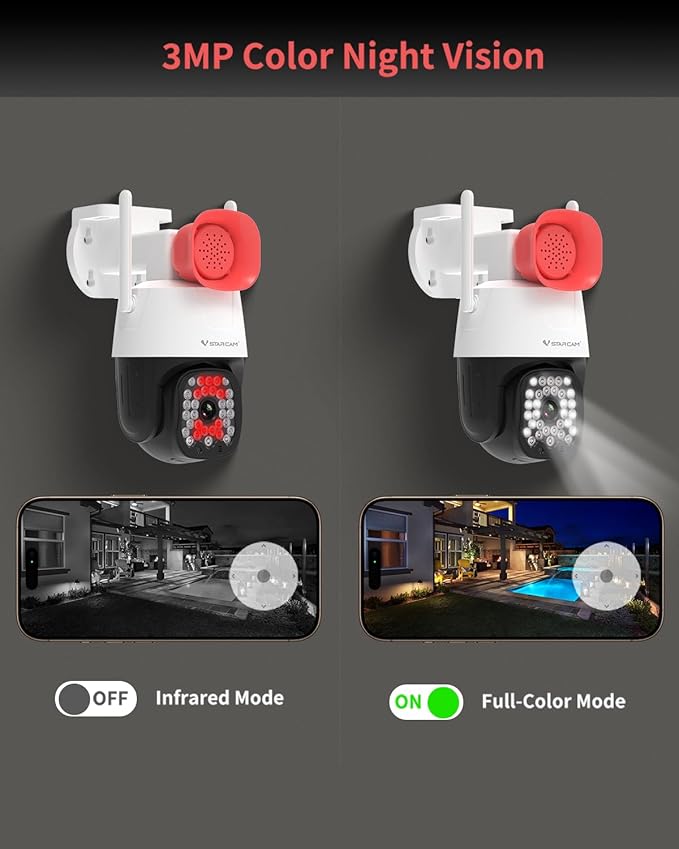 VSTARCAM 3MP Outdoor Security Camera with 130dB Loud Siren Alarm, 2K Color Night Vision WiFi Surveillance Camera, 360° PTZ Auto Tracking, Two-Way Audio, IP66 Waterproof, Cloud/SD Storage