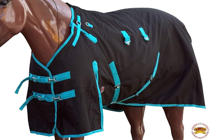 HILASON Black with Turquoise Trims 68 inch 1200D Winter Waterproof Poly Horse Turnout Blanket Belly Wrap