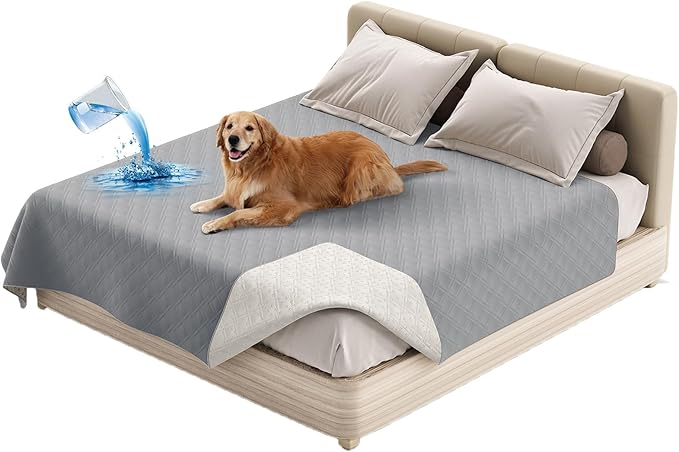 Dog Bed Cover Waterproof Microfiber Quilted Mattress Cover Pet Mat Silicon Non Slip 9 Size Furniture Protectors for Bed Sofa Couch (208 x 244 cm/82 x 96 in,Light Gray)