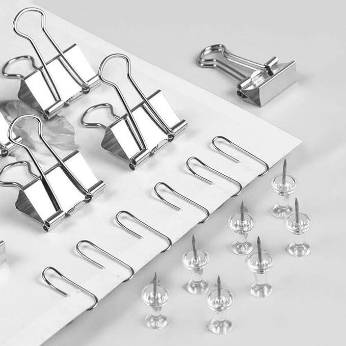 Silver Binder Clips and Paper Clips Push Pins Tacks Sets, Total 72 PCS Assorted Sizes Office Supplies Set for Women, Student, School, Home & Desk Supplies