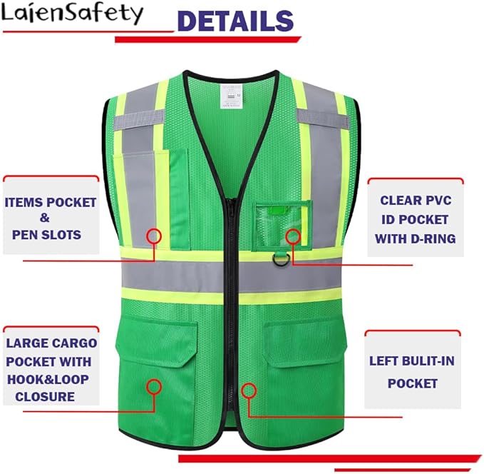 Hi Vis Reflective Safety Vest for Men Women with Multiple Pockets High Visibility Mesh Construction Work Vest,Meets ANSI/ISEA Standards(EK1-178-Green-XL)