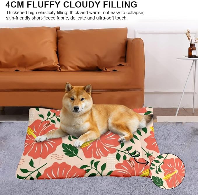 Coral Hibiscus Doggie Beds for Medium Dogs Washable Mat for Dogs Washable Kennel Pad Dog Crate Beds Non-Slip Dog Bed Crate Bed Car Mats Cages Pet Furniture Indoor Outdoor 36X24 Inch