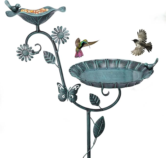 MUMTOP Bird Baths and Feeder for Outdoors, 53 inch Height Metal Birdbath Antique Garden Bird Feeder with Metal Stake for Garden Outside Yard Lawn Decorations, Green