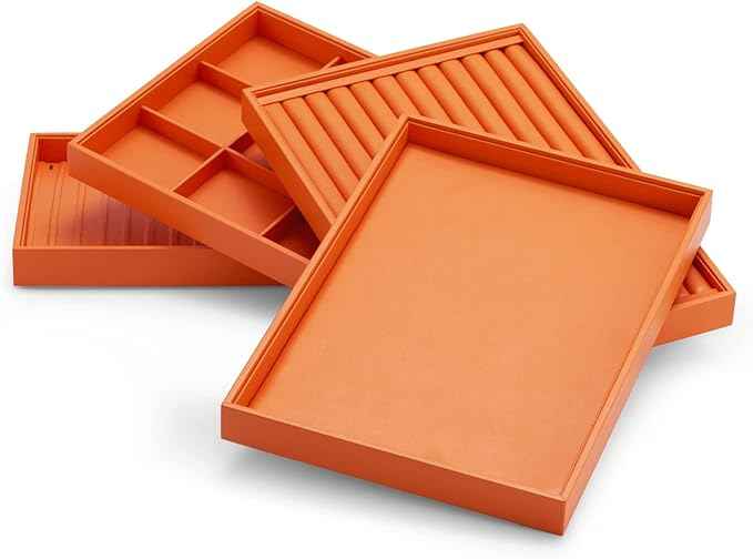 Oirlv Luxury Orange Leather Jewelry Tray Stackable Flat Jewelry Drawer