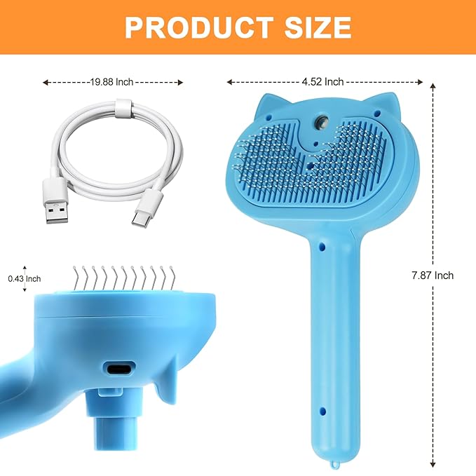 Cat Steam Brush for Shedding, 4 in 1 Steamy Cat Brush with Release Button, Self Cleaning Metal Pet Misting Hair Comb with Handle for Grooming Kitten Dog(Blue)
