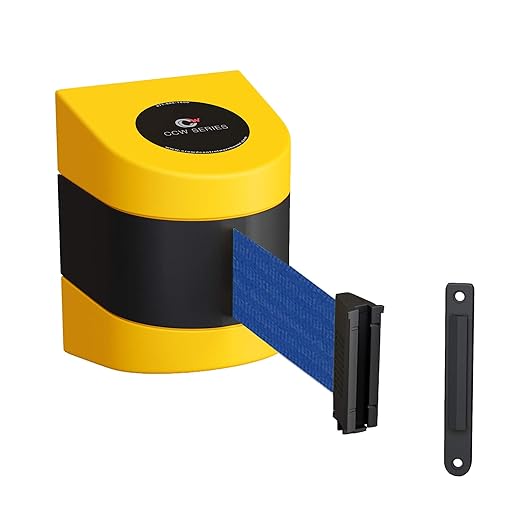 Crowd Control Warehouse - CCW Series WMB-220 Fixed Wall Mount Retractable Belt Barrier - 15 Foot, Dark Blue Belt with Yellow ABS Case