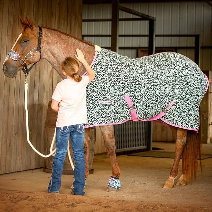 Jeffers Expression Fleece Cooler for Horses, Standard Neck, Party Cheetah 84"- Equine Towel Blanket, Moisture Absorbent, Light Weight, Best for Drying, Exercise, Bathing, Adjustable Belly Bands