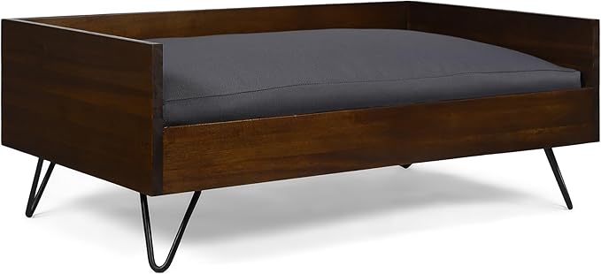 Christopher Knight Home Mid-Century Modern Pet Bed, Brown Acacia Wood Frame with Gray Cushion, Hairpin Legs, 29.5x17.75x11 Inches