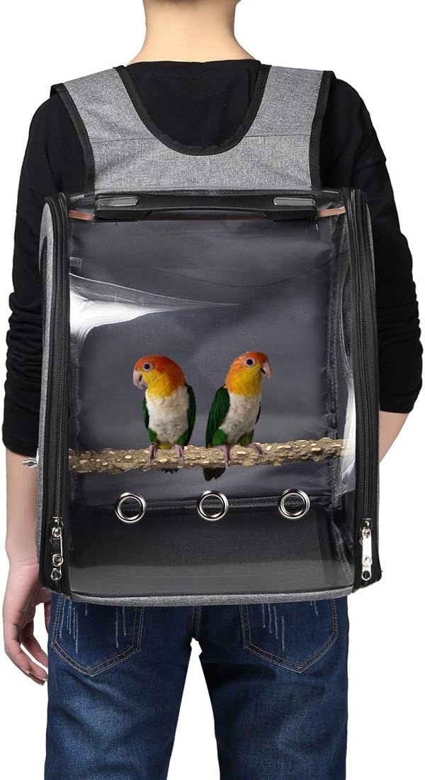 Bird Parrot Backpack Carrier Travel Bag with Perch Stand for Parakeets Cockatiels Conures Finches Lovebirds Small Medium Birds Cage Outside Airlines Airplane Plane Approved Car Lightweight Transparent