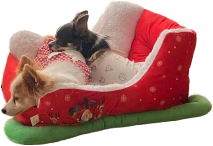 Christmas Sleigh Dog Bed, Red Cat Pet Bed, Washable and Highly Durable Indoor/Outdoor, Holiday Themed (A)