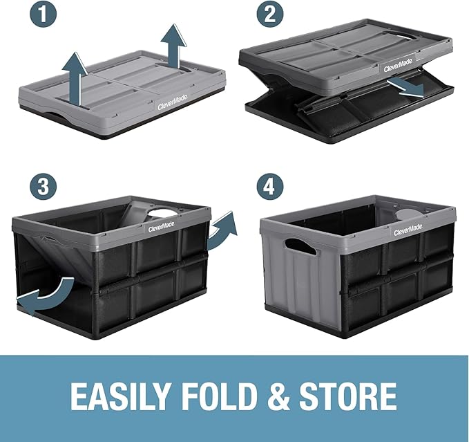 CleverMade Collapsible Storage Bins - Stone 3 Pack 32L - Stackable Containers Heavy Duty Capacity Folding Crates - Space-Saving for Home
