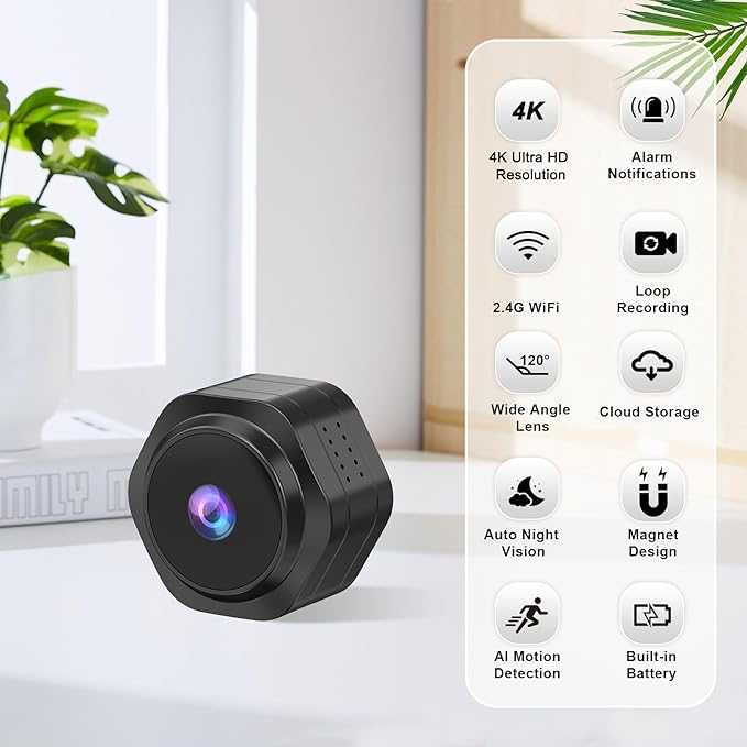 MiNi WiFi Spy Hidden Camera,Nanny Camera, 4K Ultra HD Wireless Security Cameras for Baby,Dog,Cat,Pets, AI Motion Detection Alerts, Auto Night Vision, Real Time Record Surveillance Cam for Home