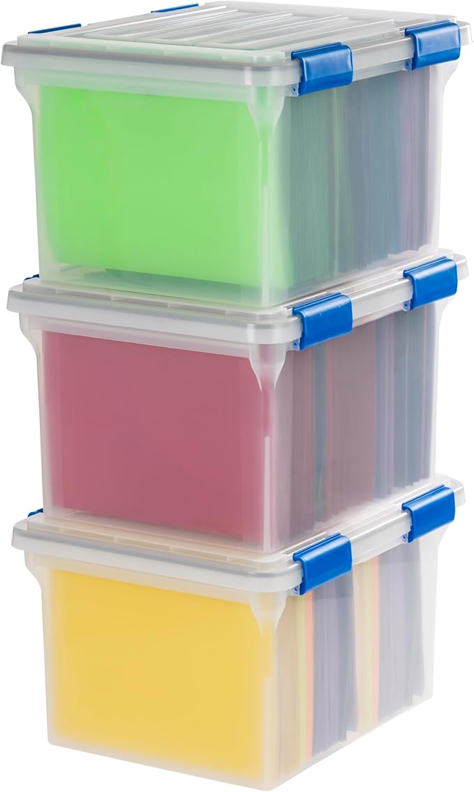 IRIS USA File Box, WeatherPro File Organizer for Letter/Legal File, Water Resistant Document Box, Plastic Gasket File Box With Tight Latch and Seal, Stackable Nestable, Clear/Blue 32 Qt. 3 Pack