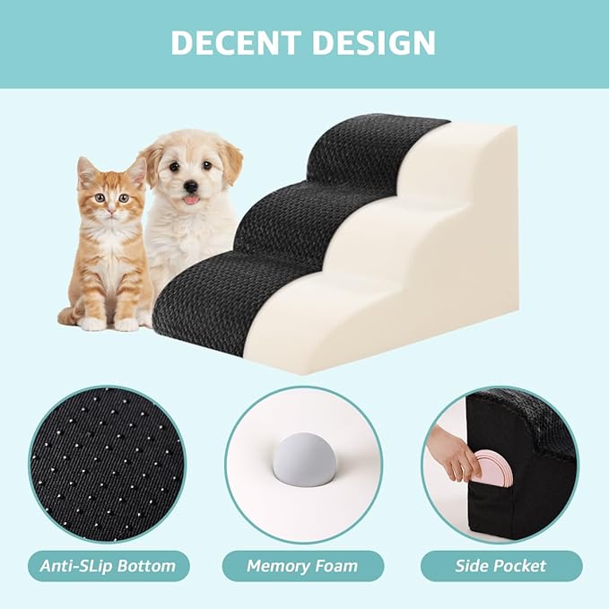 Dog Stairs for Small Dogs 15" H, 3-Step Dog Steps Ramp for Couch Sofa and Chair with Anti-Slip Washable Cover and Durable High Density Foam, Pet Stairs for Cats, Black