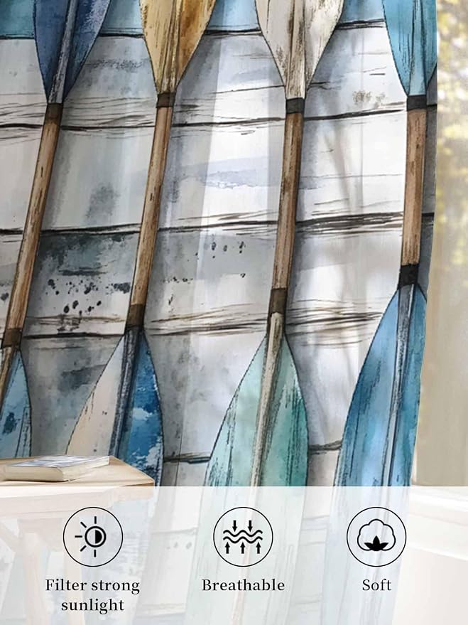 Sheer Curtains 63 Inch Length, Lake Paddle Striped Semi Sheer Curtains Light