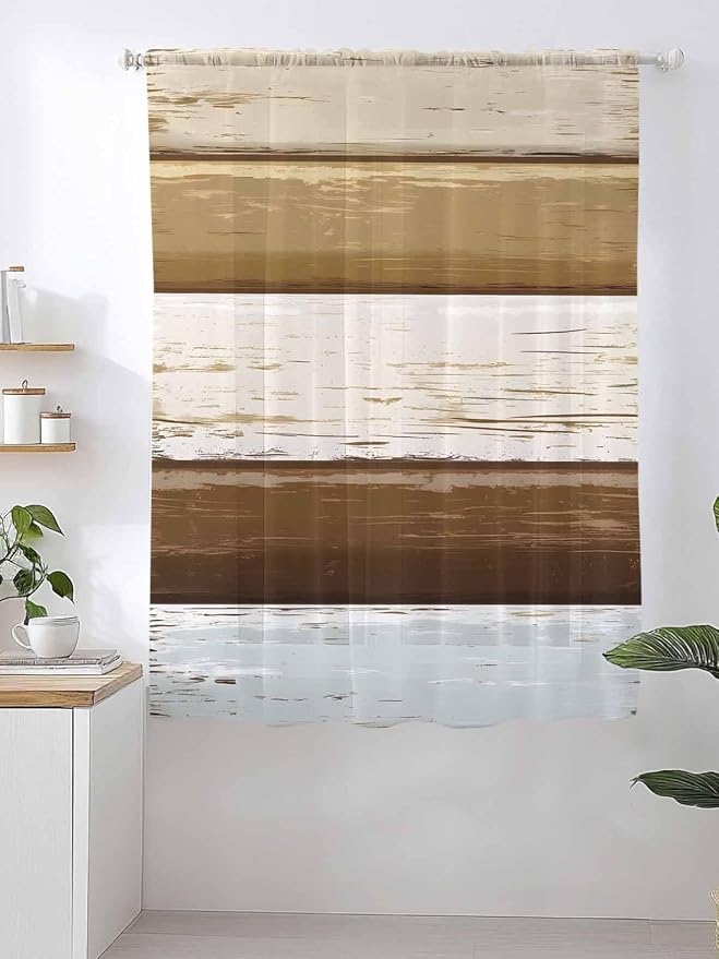 Sheer Curtains 63 Inch Length, Wood Grain Brown Semi Sheer Curtains Light