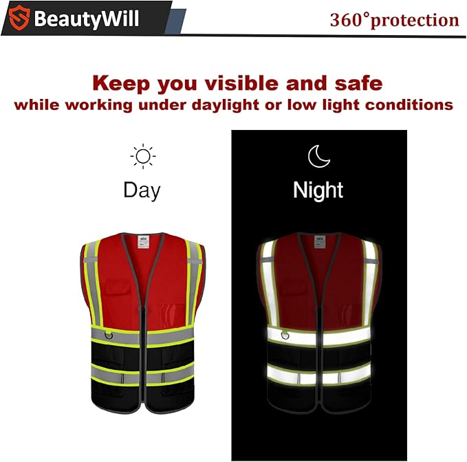 Custom Mesh Safety Vest Customized Logo Class2 High Visibility Reflective Vest with Pockets Construction workwear（Red Black，4XL ）