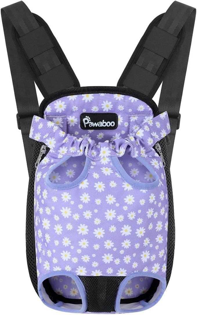 Pawaboo Pet Carrier Backpack, Adjustable Pet Front Cat Dog Carrier Backpack Purse Travel Bag, Legs Out, Easy-Fit for Traveling Hiking Camping for Small Medium Dogs, Medium Size, Black & Purple Daisy