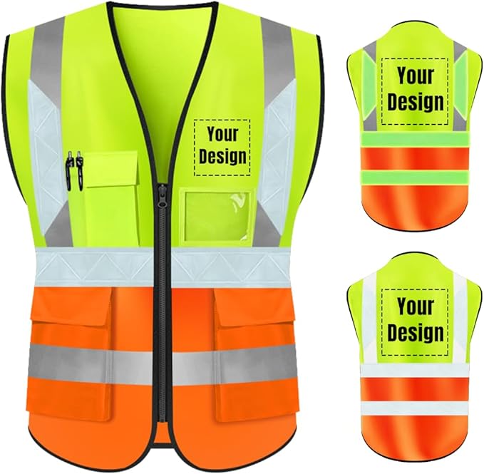 YOWESHOP High Visibility Safety Vest Custom Your Logo Protective Workwear 5 Pockets With Reflective Strips Outdoor Work Vest (XL, Yellow Orange Luminous)