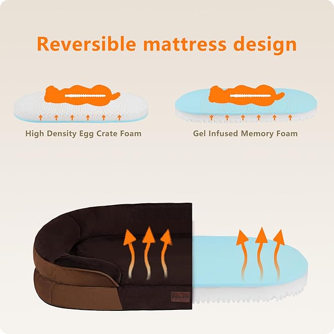 Dwanton Orthopedic Dog Bed for Extra Extra Large Dogs with Gel Memory Foam, Waterproof Dog Sofa, Washable Pet Bed with Four Sided Bolster Cushion, Removable Cover & Non-Slip Bottom, 48", Brown