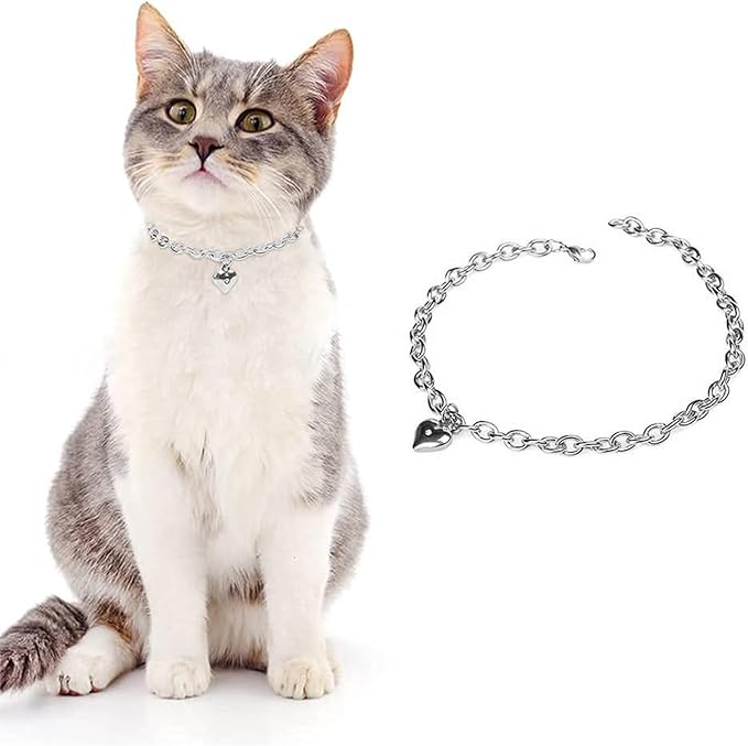 HOWWFALY Dog Collar and Dog Chain Necklace Stainless Steel Adjustable 18K Sliver Heart-Shaped Necklace for Small Pets Cats Kitten Puppy (Sliver, 12 inch)