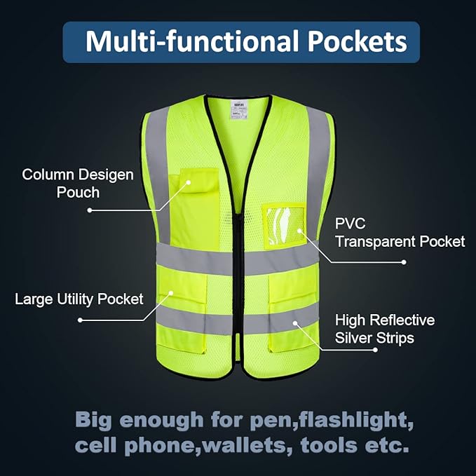 10 Pack Mesh Safety Vest Custom Logo High Visibility Reflective Vest with Pockets Security Work Vest（Yellow，L）