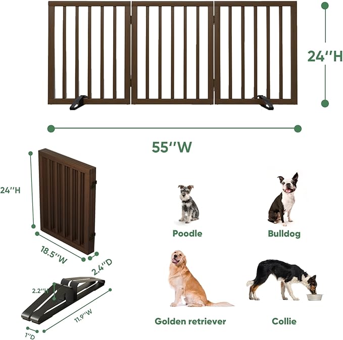 Dog Gates for Doorways, Freestanding Dog Gate Indoor, Foldable Pet Gates for Doorways Bedroom, Puppy Gate with Metal Support Feet, Room Divider 3 Panels (Dark Walnut)