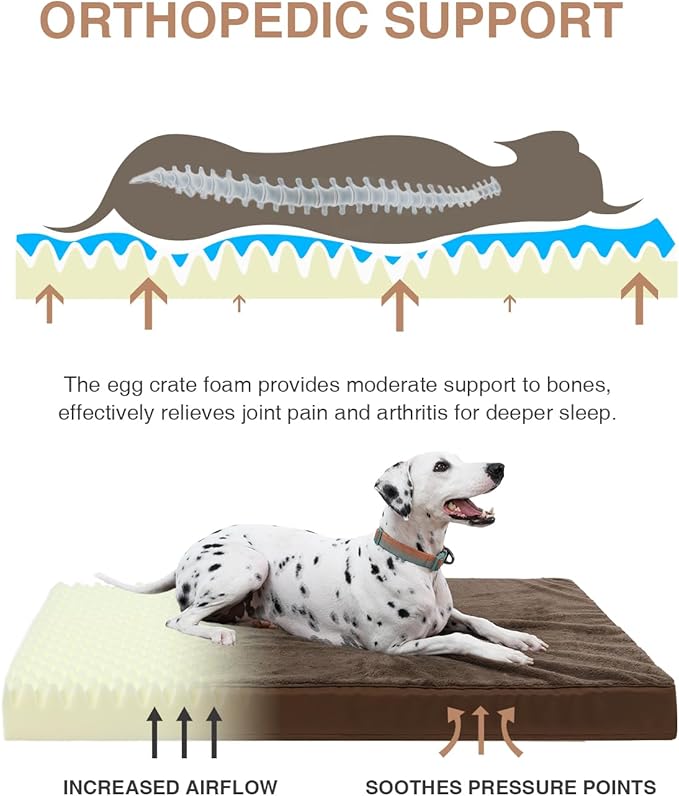 KSIIA Orthopedic Dog Bed Crate Waterproof Pet Mats for Large Dogs Deluxe Plush Washable Pet Bed with Egg Crate Foam & Removable Cover, 35 x 22 Inch, Brown