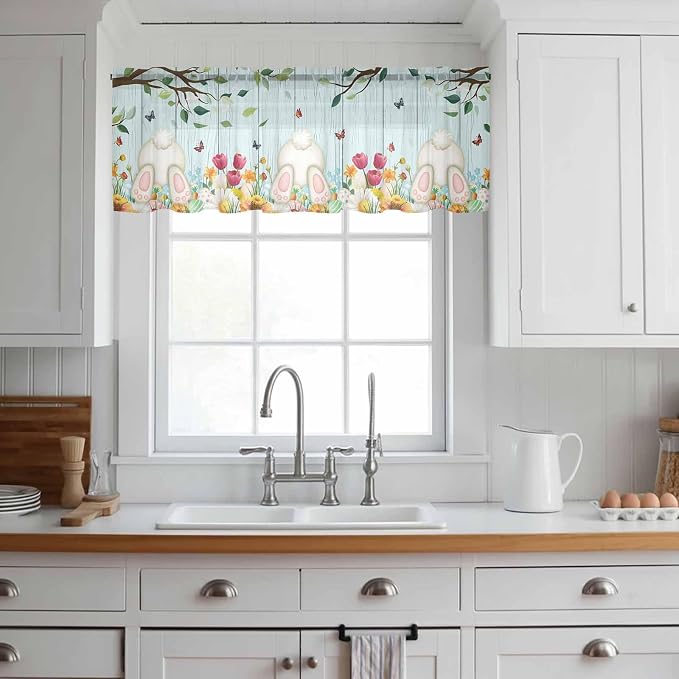 Easter Sheer Valances for Windows 42"x18", Light Filtering Kitchen Curtains